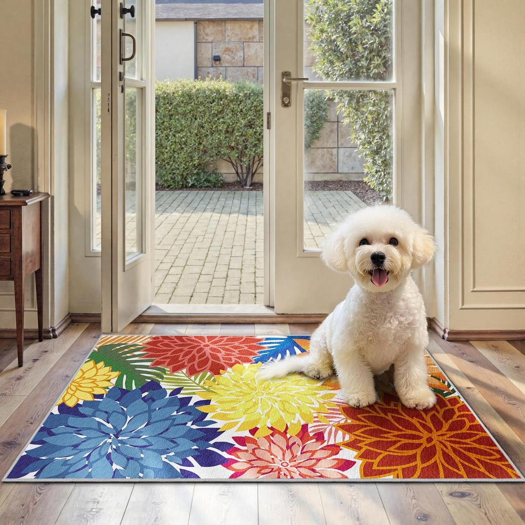 Arenarug 2x3 Colorful Washable Small Rug Tropical Botanical Modern Floral Indoor Chenille Door Mat Carpet Non Slip for Patio, Entry Way, Entrance, Porch, Rainbow (Multi Colored)