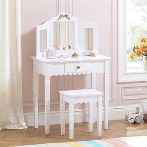 Spirich Kids Vanity Set with Mirror and Stool, Kids Make Up Vanity Desk for Little Girls, Children Makeup Dressing Table with Drawer, Golden bow