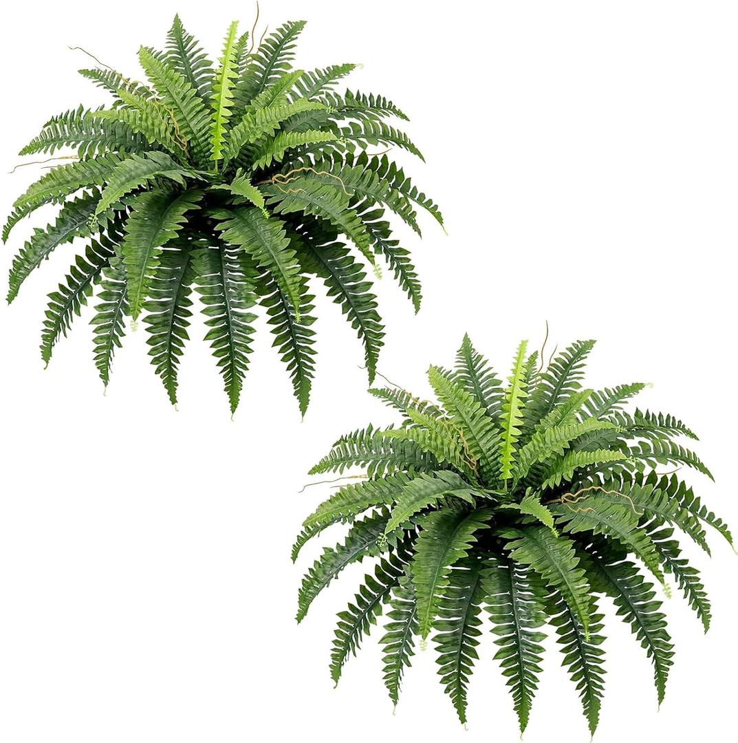 35” Artificial Boston Fern Bush Plant, 2 Faux Ferns for Outdoors Large, Fake Ferns Realistic Artificial Plants with 39 Fronds for Garden Porch Patio Home Office Living Room Decor Green