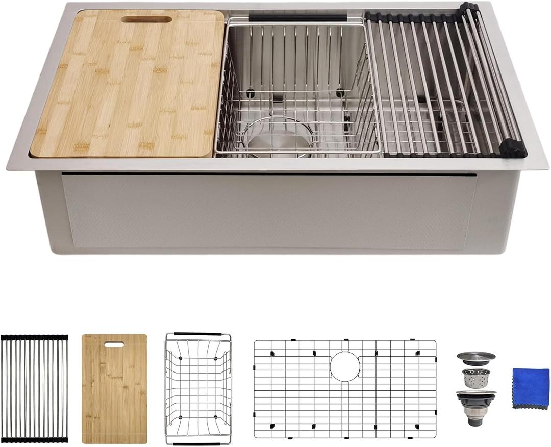 30 Inch Undermount Kitchen Sink Workstation, Delironexu 16 Gauge Stainless Steel Kitchen Sinks, 30''x18'' Single Bowl Undermount Sink with 6 Accessories, Multi-Functional Workstation Sinks