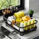 Dish Drying Rack Single Layer with Utensil Holder, Adjustable Spout Auto-Draining Dish Rack for Kitchen Counter, Large Capacity for Plates, Bowls, Cups, Dish Drainer with Drainboard,Black (One Tier - Black)