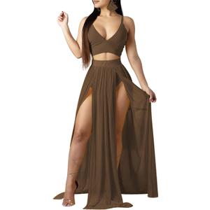 Women Sexy 2 Piece Outfits Dress Chiffon Strap Deep V Neck Bra Crop Top High Split Maxi Dresses Skirt Set (Large, Brown)