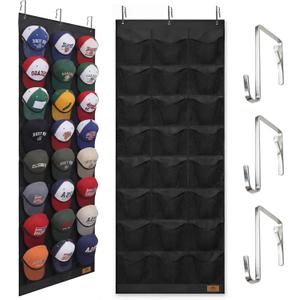 Hat Organizer for Baseball Caps, 24 Deep Pockets Hat Rack, Breathable & Visible, Black Hat Holder with 3 Hooks for Door, Bedroom, Closet Organizer