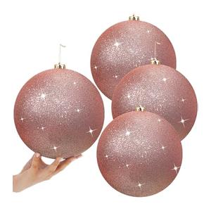 Zubebe 4 Pcs Extra Large Christmas Ball Ornaments Glitter 8'' (200 Mm) Giant Oversized Plastic Xmas Ball Big Hanging Christmas Tree Ornaments for Holiday Party Outdoor Decor (Glitter Rose)