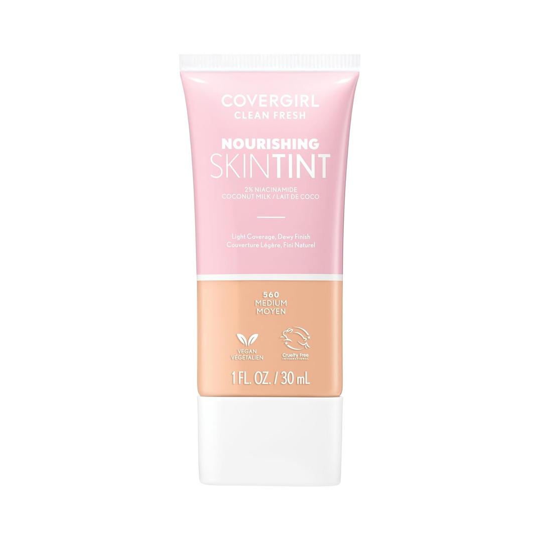 COVERGIRL Clean Fresh Nourishing Skin Tint, 560 Medium, Liquid Foundation, Dewy Finish, Infused with Coconut & Aloe, Vegan Formula (1 Fl Oz (Pack of 1))