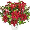 4 Pack Christmas Flowers Artificial Velvet Poinsettias with Glitter Balls Pine Cones Fake Berry Bouquet Winter Flowers Ornaments for Vase Party DIY Indoor Table Centerpieces Cemetery Xmas Decorations (Red)