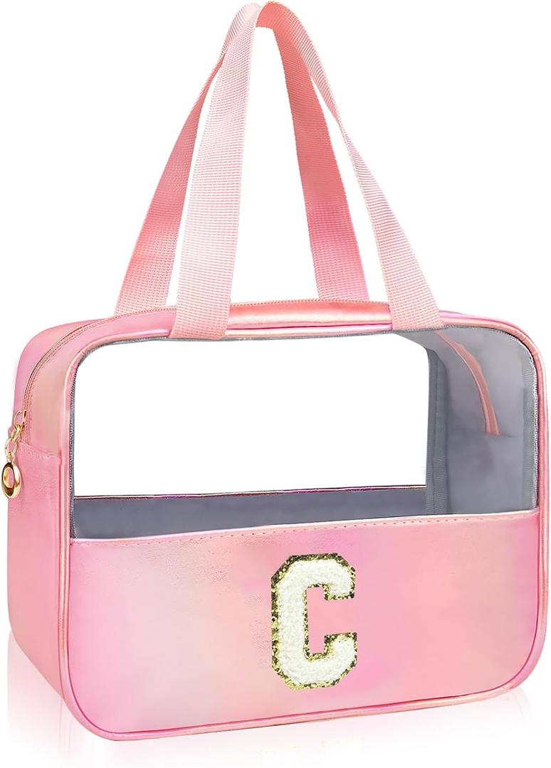 Initial Clear Makeup Bag Personalized Pink Clear Cosmetic Bag, Cute Large Make Up Bags Organizer Bag, Travel Toiletry Bag for Women Girl Gifts C (Pink)