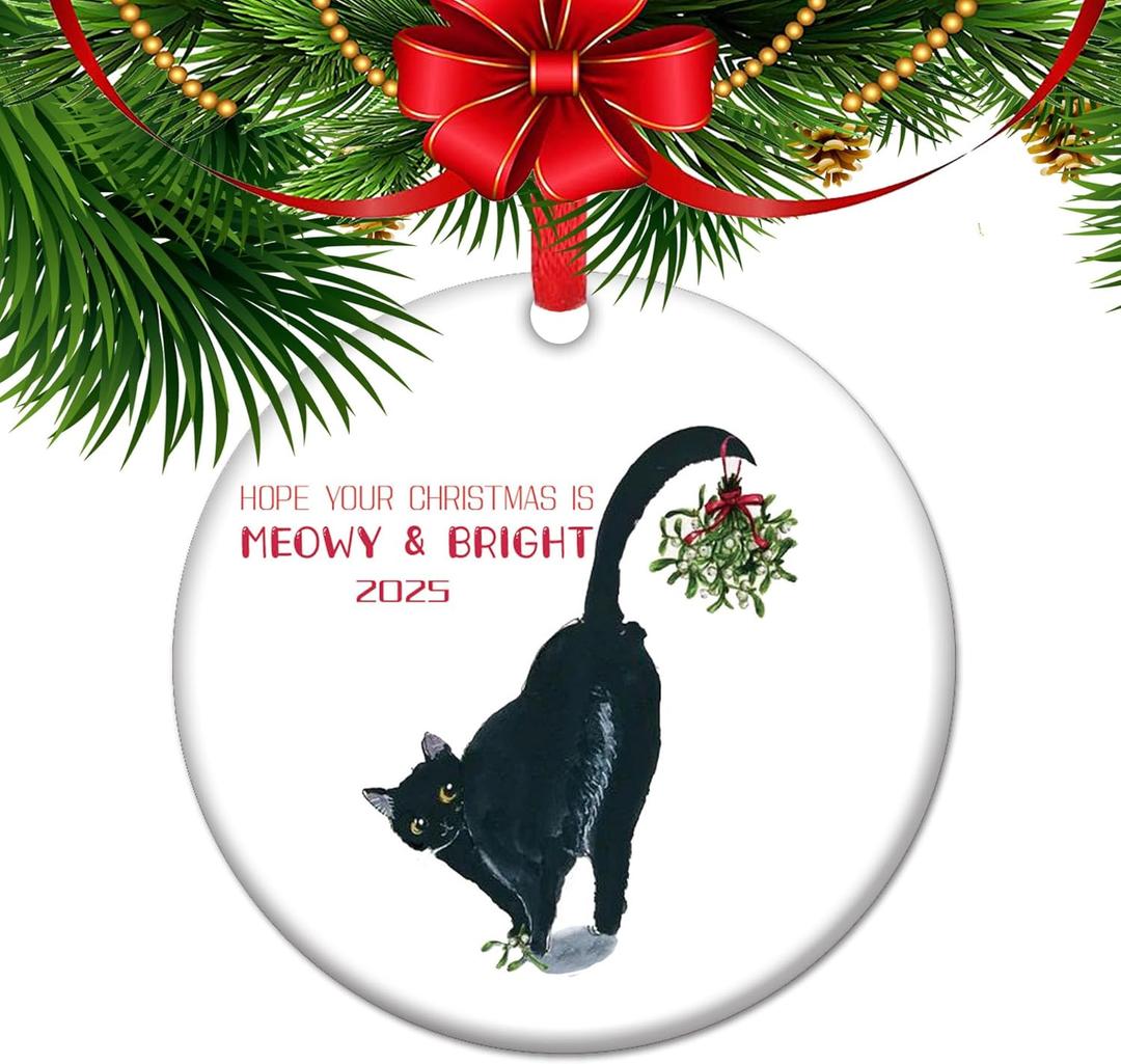 Hope Your Christmas is Meowy & Bright - 2025 Black Cat Christmas Ornament, Funny Feline Holiday Decor, Cute Kitty Gift for Cat Lovers, Whisker Wonderland Tree Decoration (C3)