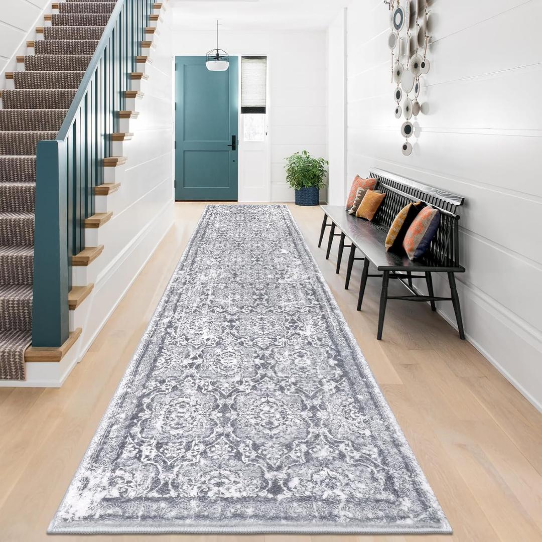 Vaukki Hallway Runner Rug, Vintage Shaggy Soft Laundry Rug Runner, Non Slip Entryway Runner Mat, Washable Farmhouse Kitchen Area Carpet for Bathroom, Entryway and Bedroom (2'6'' X 12', Grey)