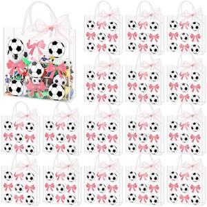 Sweetude 24 Pcs Soccer Clear Treat Bags with Handles Bulk Cute Soccer Goodie Bags Sport Theme Party Gift Favor with Pink Bow Ribbon for Girl Youth Team Snack Birthday Gifts 7.9 x 7.9 Inch