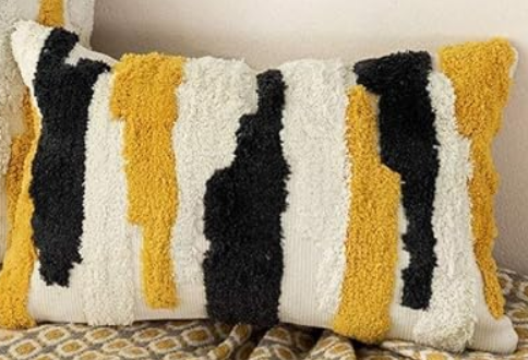 Woven Tufted Boho Throw Pillow Cover, Modern Decorative Geometric Irregular Black Ivory Yellow Striped Lines Cushion, Farmhouse Tribal Pillowcases for Couch Sofa Bedroom Living Room