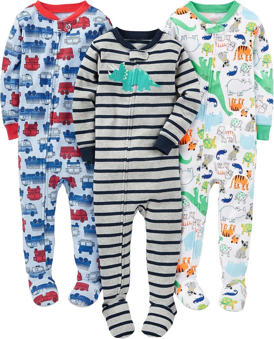 Simple Joys by Carter's baby-boys 3-pack Snug Fit Footed Cotton Pajamas (Blue Firetruck/Grey Stripe/White Dinosaur)