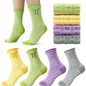 4 Pairs Women Cute Pilates Socks Non Slip Ruffle Yoga Socks for Women Dance Gym Exercise Embroidery Pattern