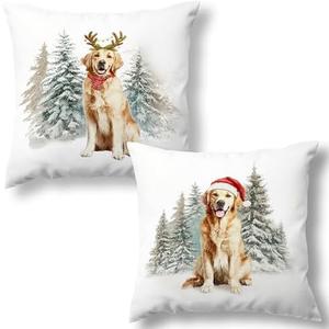 MNASAIOO Christmas Dog Golden Retriever Decorative Throw Pillow Covers Set of 2, Cute Santa Hat Pillows Covers for Dog Lovers, Rustic Winter Forest Pillow Cases Decor for Couch Bedroom Holiday 18x18in