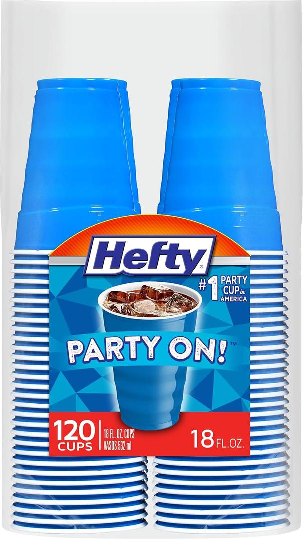 Hefty Party On Disposable Plastic Cups, Marine Blue, 18 Ounce, 120 Count