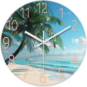 XFM Large Beach Wall Clock Silent Non-Ticking Battery Operated Clocks 24 Inch Blue Ocean Tropical Palm Tree Wall Clock Decorative for Living Room Kitchen Bedroom Office