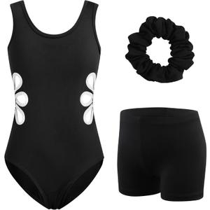 HOZIY Girls Gymnastics Leotards Outfits Sparkly Bow Back Unitards Biketard with Tumbling Shorts Hair band Kids 3-10 Years (4-5T, Black Floral Cutout)