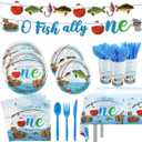 170pcs Ofishally One Party Plates Napkins Gone Fishing 1st Birthday Party Supplies Disposable Tablecloths Cups Banner for 24 Guests
