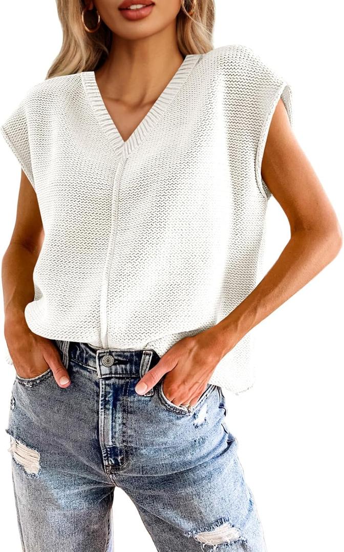 Saodimallsu Women's V Neck Cap Sleeve Lightweight Knit Sweater Top (White, L)