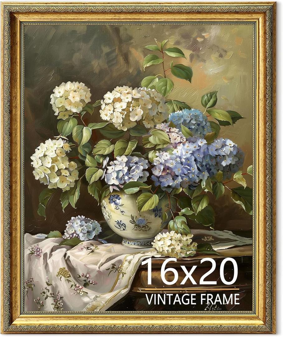 16x20 Picture Frame, Ornate Vintage Gold Photo Frames with HD Glass for Wall Hanging & Tabletop Display, 16 x 20 Antique Photo Frame with Distressed Rust-Like Finish, Retro Home Decor