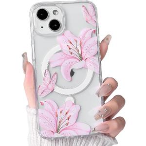 NITITOP Compatible with iPhone 14 Plus / 15 Plus Case Clear Magnetic Compatible with MagSafe Cute Lily Flowers Floral for Women Girls Hard PC Back Shockproof Protective Phone Cover - Pink