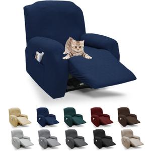 XINEAGE 4-Piece Recliner Cover Stretch Jacquard Slipcover with Pocket, Washable Recliner Chair Protector for Kids, Pets, Dogs, Cats (Navy Blue)