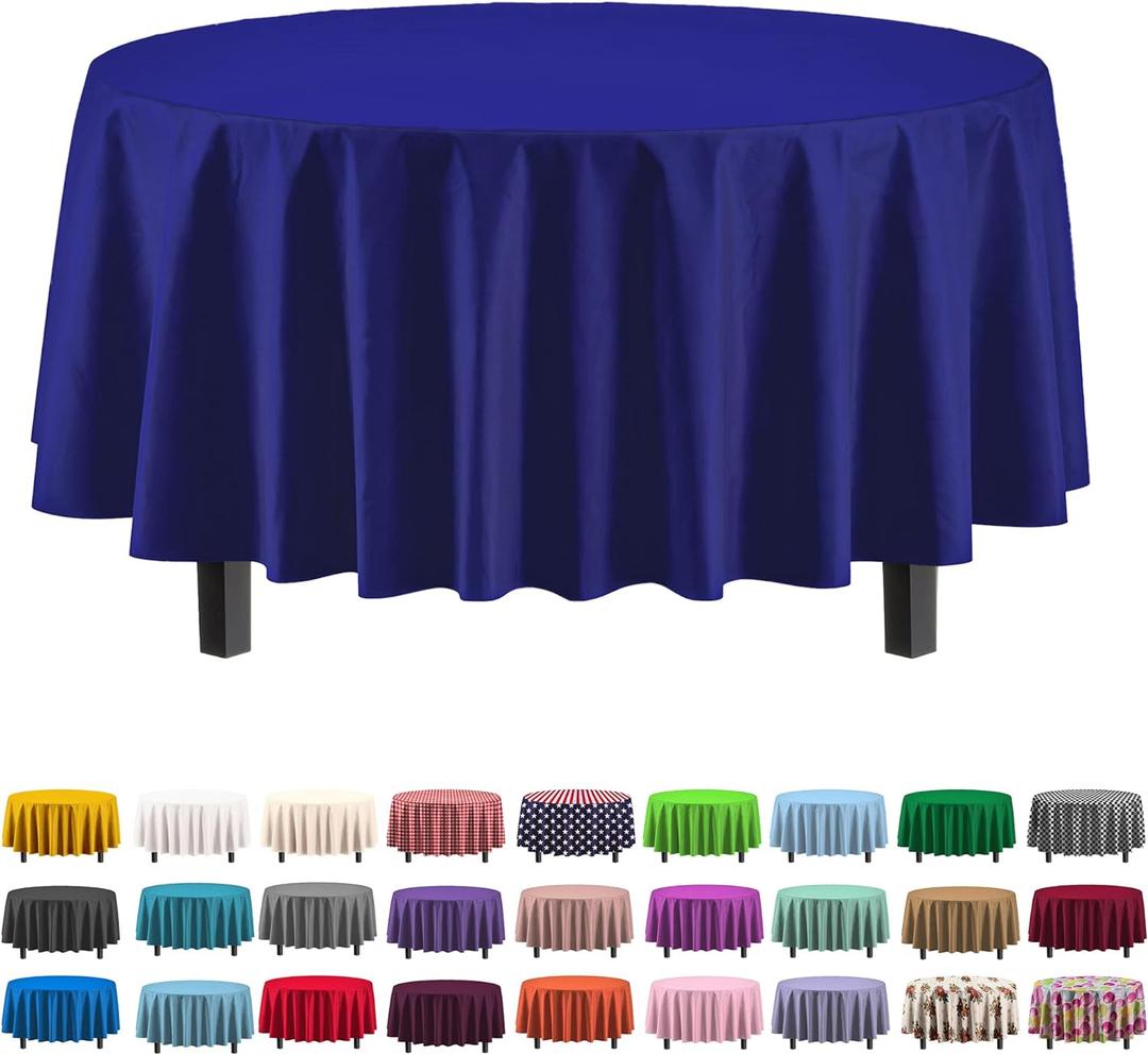 Party Solids Pack Of 6 Premium Plastic Tablecloth 84 Inch Round Plastic Table Cover - Navy