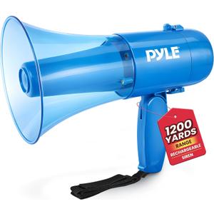 Pyle 30W Portable Megaphone Speaker, 1200-Yard Range, Lightweight Bullhorn with Siren, Rechargeable Battery, Handheld Mic, Adjustable Volume Control, Durable for Indoor/Outdoor Use, Transparent Blue