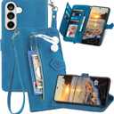 for Samsung S26+ Plus Flip Wallet Case with 7 Card Slots SZY Blue | Women Floral Embossed PU Leather Case with Card Holder Zipper Pocket & Wrist Strap Shockproof Cover for Galaxy S26+ Plus