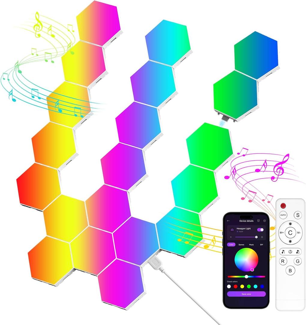 Hexa Light Panels, RGB Hexagon LED Wall Lights, Smart Home Creative Wall Lighting with Music Sync, Modular LED Light Panels for Room Decor & Wall Decor, 20 Pack
