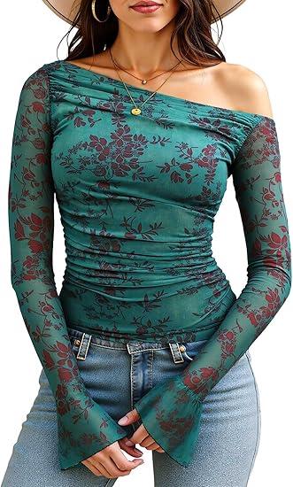 Bbonlinedress Women's Mesh Long Sleeve Easter Tops Spring Summer Going Out One Shoulder Green Floral Shirts 2000s Ruched Waist Blouses, Green Flower, L