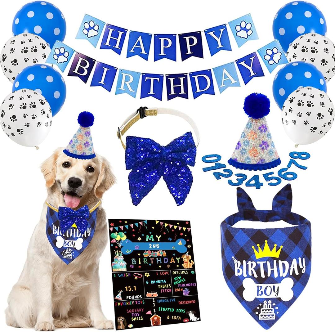 Dog Birthday Bandanas - Paw Balloons, Banner & Outfit Hat for Dog Birthday Decorations