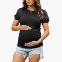 Bhome Maternity Puff Sleeve Summer Tops Crew Neck Swiss Dot Lace Shirts (Medium, Black)