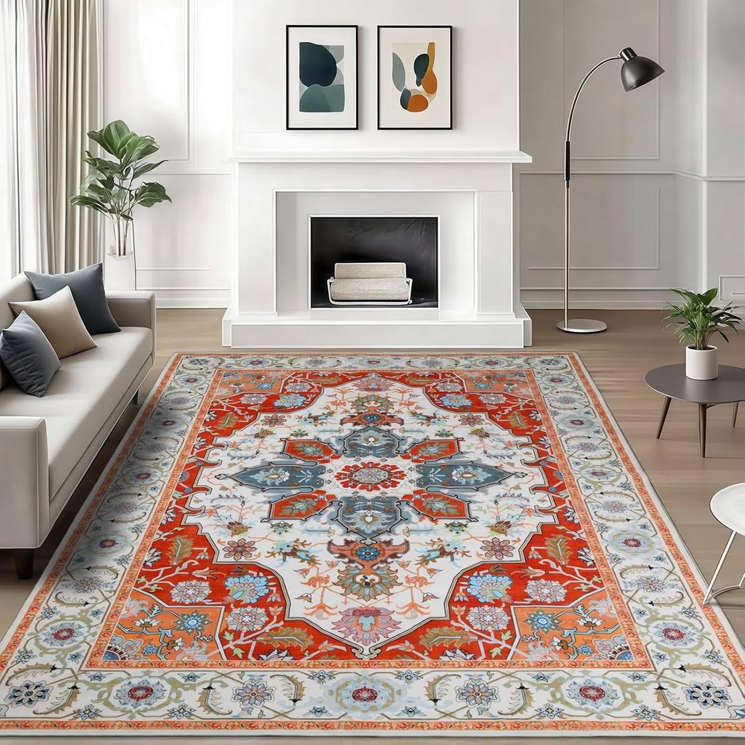 WILLSUN Washable Area Rugs, 6x9 Non-Slip Boho Large Area Rugs for Living Room, Bedroom, Machine Washable Vintage Rug, Indoor Floral Print Carpet for Home Decor, Kid & Pet Friendly Mat (Orange)