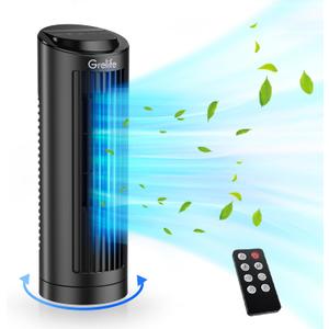 Grelife 13"" Tower Fan, Bladeless Desk Fan with 70 Oscillation, 3 Speeds, 4 Wind Modes, Touch Screen & Remote Control, 12-Hour Timer, Small Cooling Fan for Home Office Bedroom, black, TF008A