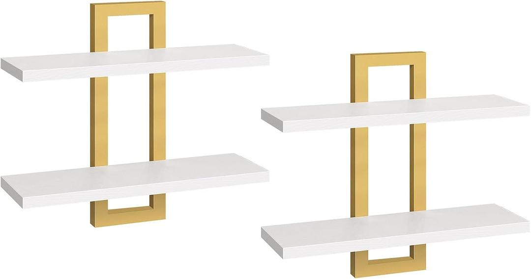 HOOBRO Floating Shelves, 15 Inch Wall Shelf Set of 2, Wall Mounted Storage Shelves 2-Tier, Hanging Bathroom Shelves, for Living Room, Bedroom, Bathroom, Kitchen, White and Gold DW32BJ01