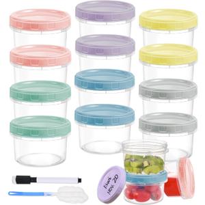 12pcs 8 oz Plastic Containers with Screw Lids, Reusable Clear Food Storage Containers with Pen and Brush for Snack Salad Fruit, Leakproof Small Freezer Containers, Microwave & Dishwasher Safe