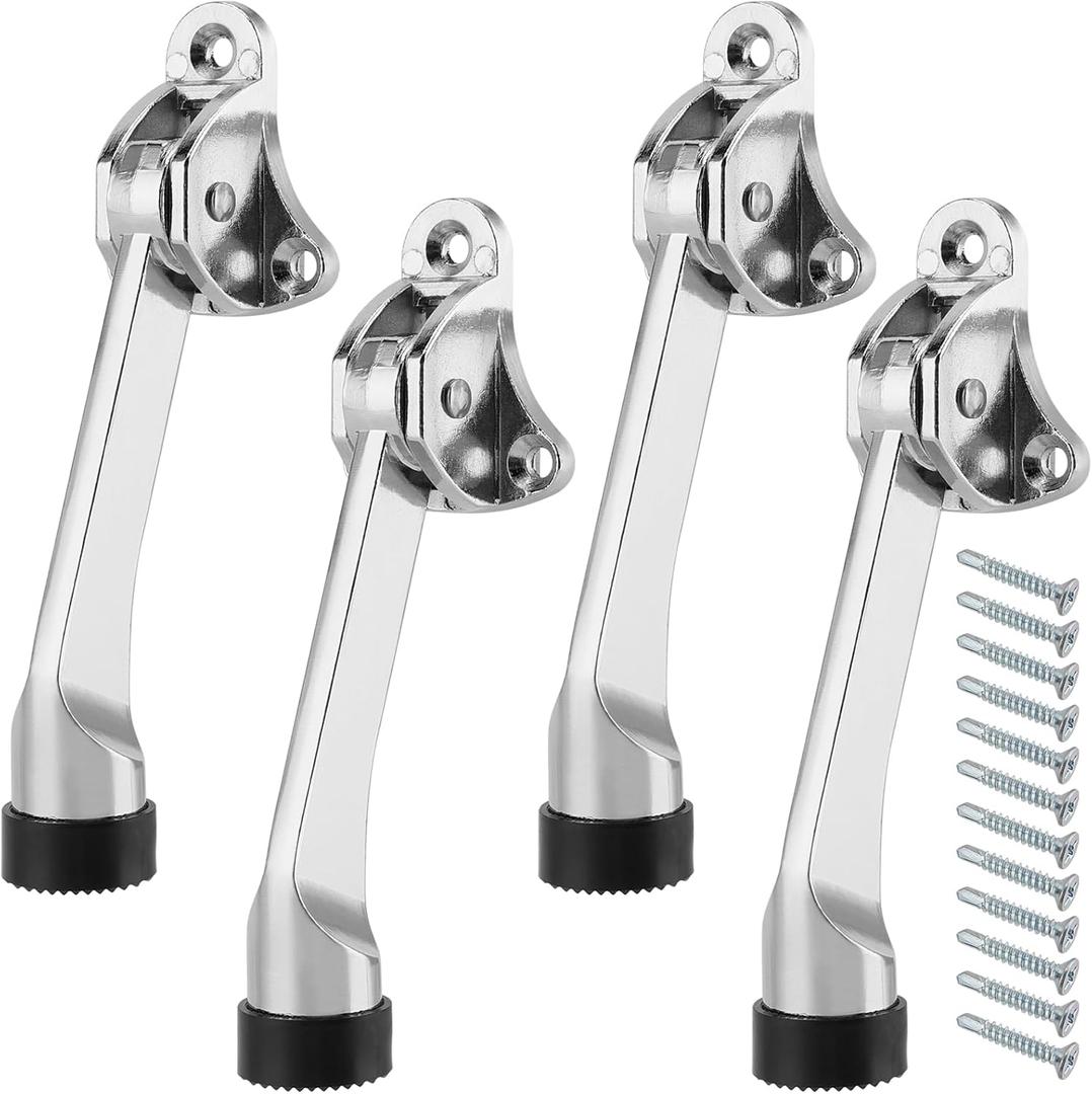 4 PCS Heavy Duty Kickdown Door Stopper, Door Stops Kickstand with Rubber Tip, Commercial Door Stopper Metal Door Stoppers Hinge for Bottom of The Door