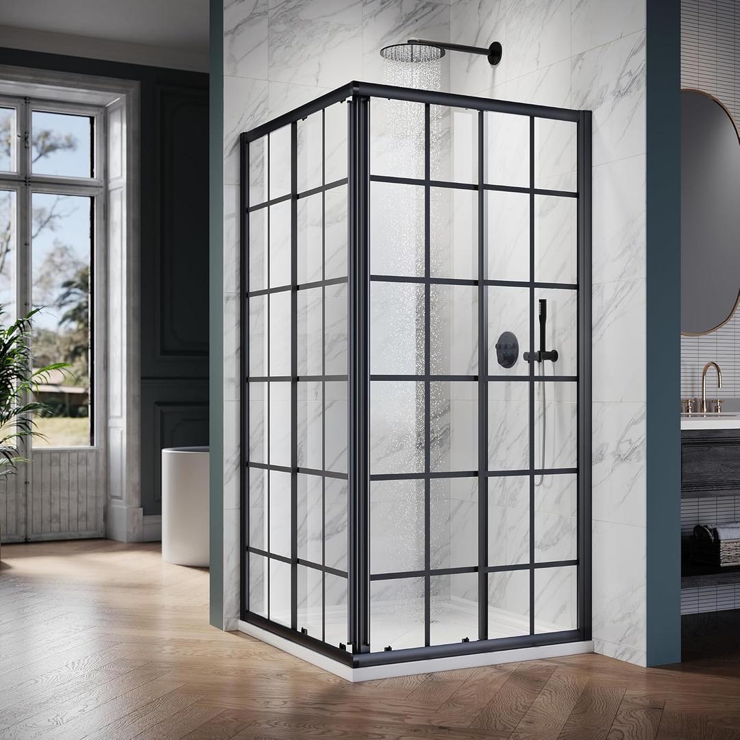 ELEGANT Framed Sliding Shower Enclosure 36 in. D x 36 in. W x 72 in. H, 2 Stationary Panels, 1/4'' Clear Glass Sliding Shower Doors, Black Brushed Nickel (Shower Base Not Included)