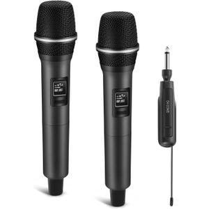 Wireless Microphones, Dual Handheld Dynamic Mic with Ultra-Stable Rechargeable Receiver | 200 Ft Freedom | Zero Dropouts | 40H Duration |Plug and Play| Karaoke Microphone for Singing, Meeting (Black)