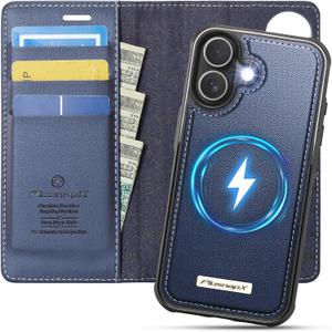 Wallet Case for iPhone 17 Compatible with Magsafe, 2-in-1 PU Leather Flip RFID Blocking Card Holder Stand Shockproof Magnetic Detachable Cover for iPhone 17 Case 6.3", Deep Blue