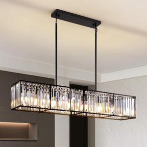 Siljoy Modern Crystal Chandelier for Dining Room, 7 Lights Black Large Rectangular Farmhouse Crystal Chandelier Industrial Rectangle Pendant Ceiling Light for Living Room Kitchen Island Bar L47''