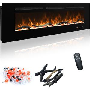 Electric Fireplace 48 In, Wall Mounted & Recessed Electric Fireplace Inserts, Remote & Touch Screen Control, 169 Flame Color Combinations, Timer & Thermostat Fireplace Heater, 1500W, Black