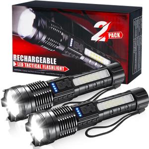 2 Pack LED Rechargeable Flashlights, 90,000 High Lumens Super Bright Flash Light, 7 Modes with COB Light, IPX6 Waterproof, Adjustable Focus Tactical Flashlights for Home Camping and Emergencies
