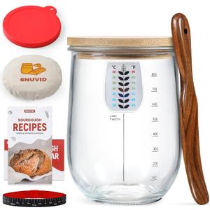 1 L (34 oz) Sourdough Starter Jar Kit, Wide Mouth Potbelly Crock - Glass Sour Dough Starter Bread Jar Set - Sourdough Baking Supplies - Sour Dough Bread Accessories Gifts for Sourdough Lovers