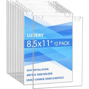 Acrylic Sign Holder 8.5 x 11 Vertical, Wall Mount Document Holder, Clear Plastic Picture Frame with Tape Adhesive and Screws for Office, Home, Store, Restaurant - 12 Pack