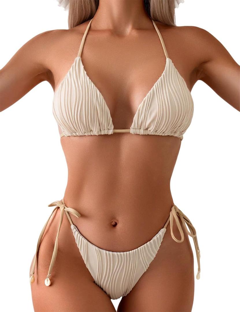 Tainehs Ribbed Two Piece Bikini Sets for Women Sexy Halter Triangle Top Swimsuit String Thong Bathing Suit (Medium, White Rice)