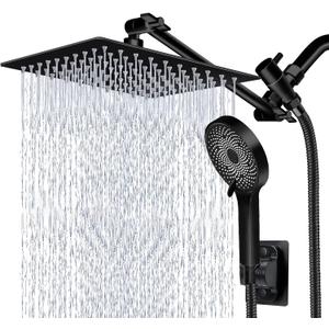 Shower Head,10 Inch High Pressure Rain Shower Head with Handheld Spray Combo, Adjustable Dual Rainfall Shower Head - Showerhead Comb Set with Extension Arm - 60 Inch Long Shower Hose（Black）