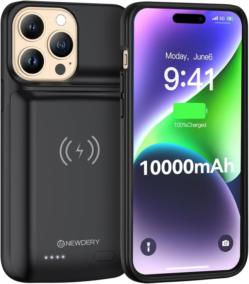 NEWDERY 10000mAh Battery Case for iPhone 14/14 Pro/13/13 Pro 6.1", Qi Wireless Charging & Wired Headset & Sync-Data Supported, Portable Protective Charger Cover