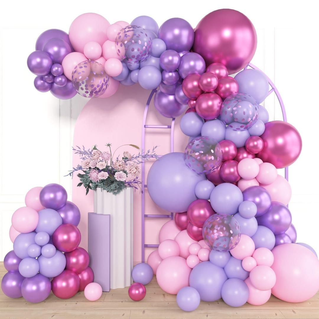150pcs Purple Pink Balloon Arch Kit Party Decorations 18 12 10 5In Different Size Color Latex Confetti Balloons for Girl Women Birthday Bridal Baby Shower Wedding Party Decor